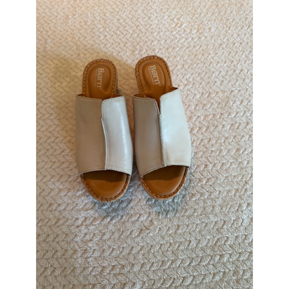 Born Cream Leather Cork Wedge Slide Sandals Peep Toe Mules BR0000901 Womens 7